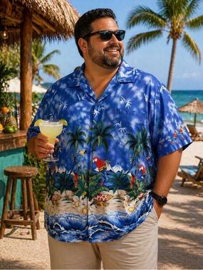 Vintage Hawaiian Shirt 3XL Parrot Tropical Beach Resort Button Up Mens Blue